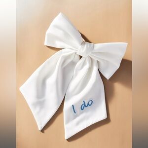 Anthropologie White Hair Bow with Blue Embroidery